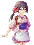  1girl :o absurdres akebono_(kancolle) akebono_(new_year)_(kancolle) apron bell black_hair collarbone commentary_request cowboy_shot english_commentary flat_chest floral_print floral_print_kimono flower hair_bell hair_flower hair_ornament highres japanese_clothes jingle_bell kantai_collection kimono long_hair mixed-language_commentary open_mouth pink_flower pink_kimono print_kimono purple_eyes purple_sash sash short_kimono sidelocks simple_background solo three-quarter_sleeves v-shaped_eyebrows waist_apron white_apron white_background wrightia 