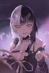  1girl :d absurdres arm_warmers black_dress black_hair breast_strap breasts cleavage commentary creature creature_on_shoulder dress english_commentary grey_hair highres hololive hololive_english kurochanai large_breasts long_hair looking_at_viewer multicolored_hair on_shoulder open_mouth shiori_novella shiori_novella_(1st_costume) sleeveless sleeveless_dress smile solo split-color_hair two-tone_hair upper_body virtual_youtuber yellow_eyes yorick_(shiori_novella) 