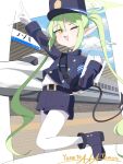  1girl armband black_tail blue_archive blue_armband blush buttons commentary demon_tail double-breasted fang gloves green_hair green_halo halo hat highres long_hair looking_at_viewer nozomi_(blue_archive) one_eye_closed open_mouth pantyhose peaked_cap pointy_ears skin_fang smile solo tail train train_conductor twintails very_long_hair white_gloves white_pantyhose yamato_aka_tomato yellow_eyes 