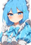  1girl absurdres amami_akari blue_bow blue_bowtie blue_dress blue_eyes blue_hair blush bow bowtie closed_mouth commentary_request dress frills hair_ornament highres long_hair looking_at_viewer maid maid_headdress original puffy_short_sleeves puffy_sleeves short_sleeves signature simple_background solo striped_clothes striped_dress upper_body white_background x_hair_ornament 