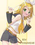  1girl belt black_sailor_collar black_shorts black_sleeves blonde_hair bow breasts commentary_request detached_sleeves green_eyes hair_bow hair_ornament hairclip headphones highres kagamine_rin looking_at_viewer midriff mitsu_masaya navel neckerchief open_mouth parallel_hairclips sailor_collar shirt short_hair shorts sleeveless sleeveless_shirt small_breasts solo v vocaloid white_bow white_shirt yellow_belt yellow_nails yellow_neckerchief yellow_trim 