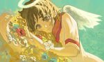 0xmalam 1girl aegyo_sal angel angel_wings blue_flower blue_sky brown_eyes brown_hair closed_mouth commentary dress feathered_wings flower haibane_renmei halo highres holding holding_flower lying messy_hair neckerchief on_ground on_side orange_sailor_collar outdoors pensive rakka_(haibane_renmei) red_flower sailor_collar sailor_dress short_hair short_sleeves sky solo traditional_halo upper_body white_dress white_flower wings yellow_flower 
