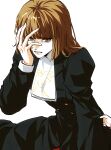  2girls ako_(eanaaati1) ascot black_dress brown_eyes brown_hair chinese_commentary clothes_grab commentary_request crying crying_with_eyes_open despair dress grabbing_another's_sleeve hand_on_own_face highres long_sleeves looking_down mother_and_child multiple_girls parent_and_child solo_focus tears umineko_no_naku_koro_ni ushiromiya_maria ushiromiya_rosa white_ascot white_background 