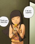  1girl artbyolvr black_choker black_hair blunt_bangs boruto:_two_blue_vortex boruto_(series) bracelet camisole choker closed_eyes commentary english_commentary english_text facial_mark highres holding holding_jar honey jar jewelry midriff midriff_peek naruto_(series) navel smile solo upper_body uzumaki_himawari whisker_markings yellow_camisole 
