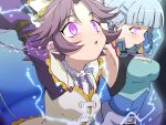  2girls absurdres armpits arms_up bow braid breasts cable commentary_request dress electricity frilled_bow frilled_dress frills glowing glowing_eyes hair_bow hair_ornament hairclip highres hitsugi_mc latooni_subota long_sleeves medium_hair mind_control multiple_girls open_mouth paid_reward_available parallel_hairclips parted_bangs pink_eyes restrained seolla_schweizer side_braid sleeveless super_robot_wars super_robot_wars_original_generation 