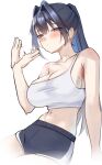  1girl bare_arms bare_shoulders blue_eyes blue_hair blue_shorts breasts cleavage closed_mouth collarbone commentary crop_top english_commentary fanged_bangs fanning_self hair_intakes highres hololive hololive_english large_breasts long_hair looking_at_viewer midriff navel nurizza_ilst ouro_kronii ponytail short_shorts shorts simple_background solo sweat tank_top virtual_youtuber white_background 