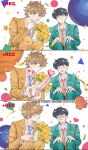  2boys absurdres aqua_suit black_hair blue_necktie blush bouquet brown_eyes brown_hair commentary_request confetti dress_shirt ganbare!_nakamura-kun!! highres hirose_aiki holding holding_bouquet looking_at_another looking_at_viewer male_focus multiple_boys nakamura_okuto necktie orange_necktie orange_suit shirt short_hair simple_background suit white_background white_shirt yamasejun 
