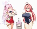  3girls ? absurdres ahoge armor between_breasts black_necktie blue_archive blush breasts chibi clothes_between_breasts collar color_connection competition_school_swimsuit cosplay costume_switch covered_navel cowboy_shot crossover ddg160 detached_sleeves dungeon_and_fighter english_commentary eyebrows_hidden_by_hair flying_sweatdrops hair_between_eyes hair_color_connection hair_ornament hair_scrunchie halo hanako_(blue_archive) hanako_(blue_archive)_(cosplay) hand_on_own_chest hand_on_own_hip high_ponytail highres kaya_(blue_archive) kaya_(prison)_(blue_archive) knight_(dungeon_and_fighter) knight_(dungeon_and_fighter)_(cosplay) mika_(blue_archive) mika_(blue_archive)_(cosplay) miniskirt multicolored_halo multiple_girls necktie necktie_between_breasts ponytail pose_imitation red_skirt school_swimsuit scrunchie shoulder_armor skirt straitjacket sweat swimsuit taut_clothes taut_swimsuit thighs trinity_general_school_swimsuit white_background white_collar yellow_halo 