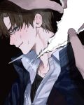  1boy agent_choi black_background black_eyes black_shirt blue_jacket blue_pupils blush brown_hair collared_shirt commentary_request corrupted_twitter_file crew_neck from_side grin gwechul highres jacket ji_ji_q korean_commentary layered_clothes male_focus out_of_frame page_tear revealing_layer ripping scar shirt shirt_under_shirt short_hair side_part smile sweat sweatdrop upper_body white_shirt 