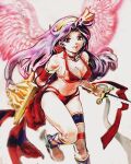  1girl angel_wings ankle_lace-up armlet athena_(series) bikini birthday breasts choker cleavage commentary_request feathered_wings floating_hair gladiator_sandals hairband happy_birthday highres holding holding_sword holding_weapon jewelry long_hair looking_at_viewer neo_geo_battle_coliseum okm181 princess_athena purple_eyes purple_hair purple_sandals red_bikini red_eyes red_ribbon ribbon sandals shield simple_background smile snk solo swimsuit sword thigh_strap weapon white_background wings 