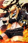  1girl abs absurdres andoryu_anzuru arm_armor black_thighhighs blonde_hair blue_eyes commentary crop_top darkchylde english_commentary fingerless_gloves fire gloves highres holding holding_sword holding_weapon long_hair magik's_crown magik_(x-men) marvel marvel_tokon:_fighting_souls shorts sword thighhighs weapon x-men 