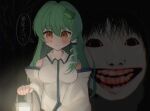  2girls absurdres blush breasts closed_mouth collared_shirt commentary deathforest_kyoufu_no_mori detached_sleeves frog_hair_ornament green_hair hair_ornament hair_tubes highres holding holding_lantern horror_(theme) kimura_yoshie kochiya_sanae lantern long_hair long_sleeves multiple_girls ninzin_88hon shirt single_hair_tube single_sidelock sleeveless sleeveless_shirt smile snake_hair_ornament speech_bubble thought_bubble touhou translated white_shirt white_sleeves wide_sleeves yellow_eyes 