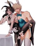  2boys anal animal_ear_hairband animal_ears bandage_over_one_eye bandaid_on_eye bar_censor black_leotard black_pantyhose blonde_hair bow bowtie brown_hair bulge burn_scar censored commentary_request cross_stitch crossdressing crossdressing_(mtf) curtained_hair detached_collar fake_animal_ears florian_brand green_leotard hairband hand_on_another's_stomach highres identity_v leotard looking_at_another male_focus male_playboy_bunny matthias_czernin multiple_boys nipples pantyhose pectorals penis playboy_bunny rabbit_boy rabbit_ear_hairband rabbit_ears rabbit_tail ribbon scar scar_on_neck sex simple_background stitched_eye strapless strapless_leotard sweatdrop table tail tendenbarabara testicles thighhighs torn_clothes torn_pantyhose white_background white_thighhighs wrist_cuffs yaoi 