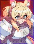  1girl animal_ear_fluff animal_ears arknights armor black_shirt blood blood_on_face breastplate caffichai clenched_teeth headset highres horse_ears horse_girl implied_extra_ears long_sleeves nearl_(arknights) pauldrons ponytail red_background rhodes_island_logo_(arknights) shaded_face shirt shoulder_armor simple_background solo sweatdrop teeth upper_body v-shaped_eyebrows wavy_mouth yellow_eyes 