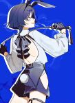  1boy alternate_costume animal_ears back_bow back_cutout black_bow black_gloves black_shorts blue_background blunt_ends bow bunny_day clothing_cutout commentary_request contemporary crazy_eyes fake_animal_ears fake_tail formal_clothes from_behind genshin_impact gloves hair_intakes hands_up highres hip_vent holding holding_riding_crop kingyo_(nyankomanjyuu15) legwear_garter long_sleeves looking_at_viewer looking_back male_focus median_furrow open_mouth outline purple_eyes rabbit_ears rabbit_tail riding_crop scaramouche_(genshin_impact) shorts shoulder_blades sideways_mouth solo tail white_outline white_sleeves 