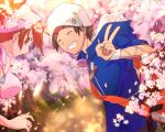  1boy 1girl bag blue_jacket brown_hair cherry_blossoms closed_eyes commentary_request devil_survivor_(series) devil_survivor_1 grin hat headband jacket kappamaki_tarou kihara_atsurou looking_at_viewer megami_tensei orange_bag pink_headband pink_shirt red_eyes red_hair shirt short_hair smile tanigawa_yuzu v white_hat 