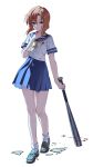  1girl baseball_bat black_shoes blood blood_on_clothes blood_on_face blood_on_ground blue_eyes blue_sailor_collar blue_skirt broken_glass bshi_edayo commentary full_body glass hand_on_own_neck highres higurashi_no_naku_koro_ni holding holding_baseball_bat holding_weapon looking_at_viewer neckerchief orange_hair pleated_skirt ryuuguu_rena sailor_collar school_uniform serafuku shirt shoes short_hair short_sleeves simple_background skirt socks solo weapon white_background white_shirt white_socks yellow_neckerchief 