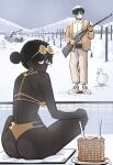  1boy 1girl absurdres ass back belt bikini bird black_eyes black_hair breasts bright_pupils butter closed_mouth commentary_request dark-skinned_female dark_skin day duck earrings eyewear_on_head food fork gloves gun hair_bun hansoom_(latebirdwakeup) highres holding holding_gun holding_weapon hoop_earrings ice jacket jewelry knife looking_at_viewer looking_back looking_up medium_breasts military_vehicle mole mole_on_breast mole_on_thigh motor_vehicle multiple_moles original outdoors pale_skin pancake pancake_stack pants plate pool round_eyewear shirt shoes short_hair sideboob single_hair_bun sitting snow snowman standing sunglasses swimsuit syrup tank tinted_eyewear trembling very_dark_skin weapon winter yellow-tinted_eyewear yellow_bikini yellow_gloves yellow_jacket 
