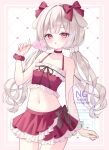  1girl animal_ears bare_shoulders bow candy choker commentary commission cowboy_shot crop_top floppy_ears food frilled_choker frilled_shirt frills hair_bow hand_up highres holding holding_candy holding_food holding_lollipop lollipop low_twintails midriff mole mole_under_eye navel open_mouth original red_choker red_eyes red_shirt red_skirt scrunchie shirt skeb_commission skirt sleeveless sleeveless_shirt solo stomach suineco twintails white_hair wrist_scrunchie 