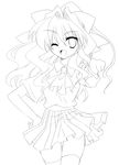  absurdres greyscale hand_on_hip highres izumi_makoto lineart long_hair looking_at_viewer monochrome one_eye_closed open_mouth original skirt smile solo 
