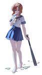  1girl barefoot baseball_bat blood blood_on_clothes blood_on_face blood_on_ground blue_eyes blue_sailor_collar blue_skirt broken_glass bshi_edayo commentary full_body glass hand_on_own_neck highres higurashi_no_naku_koro_ni holding holding_baseball_bat holding_weapon neckerchief orange_hair pleated_skirt ryuuguu_rena sailor_collar school_uniform serafuku shirt short_hair short_sleeves simple_background skirt solo weapon white_background white_shirt yellow_neckerchief 
