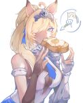  1girl animal_ear_fluff animal_ears armlet blonde_hair blue_necktie bread bread_slice breasts bridal_gauntlets commentary food food_in_mouth green_eyes hair_over_one_eye hairband hands_up highres horse_ears horse_girl jewelry large_breasts layered_sideboob long_hair looking_at_viewer metal_hairband mijellyri mouth_hold necktie ponytail sigrid_de_l'azur simple_background single_bare_shoulder single_bridal_gauntlet solo spoken_animal toast toast_in_mouth upper_body white_background zenless_zone_zero 