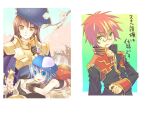  1boy 2girls armor backpack bag baseball_cap bicorne black_coat blue_cape blue_eyes blue_hair blue_hat boobplate brown_hair cape cherry_blossoms closed_mouth coat commentary_request cross cross_necklace crusader_(ragnarok_online) glasses green_eyes hat jewelry long_hair long_sleeves looking_at_viewer midori126 multicolored_coat multiple_girls necklace novice_(ragnarok_online) open_mouth pauldrons pink_hair priest_(ragnarok_online) ragnarok_online red_bag red_coat shirt short_hair shoulder_armor sleeveless sleeveless_shirt smile translation_request tree two-tone_coat upper_body white_shirt yellow_eyes 