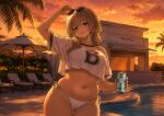  1girl adjusting_eyewear arm_up belly bikini bready_(nikke) breasts brown_eyes brown_hair cameltoe can commentary cover_bikini_girl_(gta_vi)_(pose) cropped_shirt drink_can english_commentary eyewear_on_head goddess_of_victory:_nikke grand_theft_auto grand_theft_auto_vi highres holding holding_can large_breasts long_hair looking_at_viewer low_twintails navel plump pool shirt side-tie_bikini_bottom smile solo stomach sunglasses sunset swimsuit thigh_gap twintails vengefulmedusa white_bikini white_shirt wide_hips 