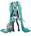  1girl absurdly_long_hair absurdres aqua_eyes aqua_hair aqua_necktie boots character_and_character_item character_doll commentary_request detached_sleeves doll full_body grey_shirt hair_between_eyes hatsune_miku highres holding holding_doll holding_rattle long_hair long_hair_between_eyes looking_at_viewer myuga66666 necktie pacifier pleated_skirt rattle shirt simple_background skirt solo standing thigh_boots thighhighs twintails very_long_hair vocaloid white_background zettai_ryouiki 