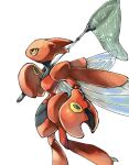  bug colored_skin commentary_request from_side hand_net highres insect_wings looking_up metal_skin no_humans pincers pokemon pokemon_(creature) pokemon_focus red_skin sake_maguro scizor white_background wings yellow_eyes 