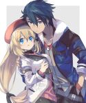  1boy 1girl agnes_claudel beret blonde_hair blue_coat closed_mouth coat collared_shrug commentary_request couple dog_tags double-parted_bangs eiyuu_densetsu enoki_nai hair_slicked_back hat hetero highres hug kuro_no_kiseki_(series) kuro_no_kiseki_i long_hair low-tied_long_hair multicolored_hair muscular muscular_male open_mouth red_hat ribbed_sweater shrug_(clothing) simple_background spiked_hair sweater two-tone_hair van_arkride 