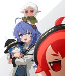  1girl ahoge ahoge_grab black_hairband blue_eyes blue_hair blurry blurry_foreground braid capelet commentary crossed_bangs eris_greyrat frown fumo_(doll) green_capelet hair_between_eyes hairband hat highres jitome long_hair looking_at_viewer maohanabi mushoku_tensei red_eyes red_hair roxy_migurdia smile solo standing sylphiette_(mushoku_tensei) twin_braids untranslatable_commentary upper_body v-shaped_eyebrows very_long_braid white_background white_hair witch_hat 