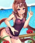  1girl animal_ears armpits bare_shoulders blue_sky blush braid braided_hair_rings breasts brown_hair casual_one-piece_swimsuit cloud collarbone commentary_request covered_navel flower frilled_one-piece_swimsuit frills grin hair_ornament hair_rings highres horse_ears horse_girl horse_tail katsushika_yuki long_hair looking_at_viewer ocean official_alternate_costume one-piece_swimsuit open_mouth outdoors purple_eyes purple_one-piece_swimsuit sky small_breasts smile solo sweep_tosho_(it's_all_mine!)_(umamusume) sweep_tosho_(umamusume) swimsuit tail teeth twintails umamusume water 