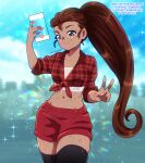  1girl alternate_costume black_thighhighs blurry blurry_background brown_hair clip_studio_paint_(medium) closed_mouth commentary cowboy_shot crop_top dark-skinned_female dark_skin deviantart_username english_commentary eyelashes grey_eyes holding ilia_amitola instagram_username long_hair midriff navel plaid_clothes plaid_shirt ponytail red_shorts rwby schrwby scroll_(rwby) shiny_skin shirt shorts sidelocks smile solo sparkle split_mouth spots thighhighs thighs tied_shirt twitter_username v very_long_hair zettai_ryouiki 