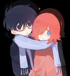  2boys aihara_yuu black_background black_eyes black_hair blue_eyes blue_scarf commentary glasses hair_over_one_eye harumi_yuu highres kurimo_c100 male_focus multiple_boys pink_hair pink_shirt scarf shared_clothes shared_scarf shirt this_game_is_not_real 