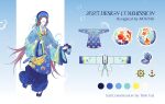  1girl animal_print ao_nhat_binh bag blue_pants brown_hair bubble_background commission faceless fish_print gem glasses highres khan_van long_hair moizuki original pants patterned_clothing pearl reference_sheet shoes shoulder_bag vietnamese_clothes wide_sleeves 