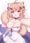  1girl absurdres ahoge alternate_breast_size_(larger) animal_ear_fluff animal_ears black_ribbon blonde_hair blush bra breasts breasts_out cat_ears cat_girl cat_tail cleavage colored_inner_hair dress facial_mark hair_ornament hair_ribbon highres indie_virtual_youtuber large_breasts looking_at_viewer multicolored_hair nipples pink_bra purple_eyes purple_hair purple_ribbon ribbon short_hair shyrei_faolan solo tail tongue tongue_out underwear valella_moon virtual_youtuber whisker_markings white_background white_dress x_hair_ornament 
