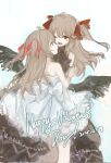  2girls absurdres ahoge alternate_costume bare_shoulders black_dress black_wings blue_eyes blush_stickers brown_hair chinese_commentary closed_mouth commentary_request dated dress evil_neuro-sama eye_contact feathered_wings hair_ribbon happy_valentine highres long_hair looking_at_another multiple_girls neuro-sama one_eye_closed open_mouth red_eyes red_ribbon ribbon siblings sisters siyueweiguang smile twins vedal_ai virtual_youtuber white_dress wings 