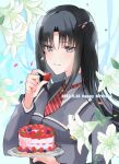  1girl akai_ito birthday_cake black_hair cake closed_mouth commentary_request confetti flower food fruit grey_eyes happy_birthday highres holding holding_food holding_fruit holding_plate lily_(flower) long_hair long_sleeves looking_at_viewer massuruneko necktie plate red_necktie senba_uzuki smile solo strawberry upper_body white_lily 