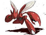  bug claws colored_skin full_body insect_wings jjomolegii looking_at_viewer metal_skin no_humans pincers pokemon pokemon_(creature) red_skin scizor shadow simple_background solo standing white_background wings yellow_eyes 