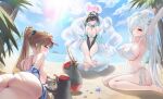  3boys 3girls absurdres animal_costume animal_hood aqua_hair ass bare_shoulders beach bikini bird_costume black_hair blue_sky blush breasts brown_eyes brown_hair cinderella_(crystal_wave)_(nikke) cinderella_(nikke) cleavage cloud colored_inner_hair commentary_request day detached_sleeves elsynien flower goddess_of_victory:_nikke hair_intakes hair_ornament hair_over_one_eye highres holding holding_mirror hood huge_breasts large_breasts lifeguard little_mermaid_(nikke) little_mermaid_(shell_princess)_(nikke) long_hair lying marciana_(marine_study)_(nikke) marciana_(nikke) mirror multicolored_hair multiple_boys multiple_girls navel o-ring_slingshot_swimsuit ocean official_alternate_costume official_alternate_hairstyle on_stomach open_onesie outdoors palm_tree penguin_costume penguin_hair_ornament penguin_hood penguin_squad_(nikke) ponytail red_eyes red_slingshot_swimsuit red_visor_cap sarong shell shirt sitting sky slingshot_swimsuit smile stomach swimsuit tree twintails very_long_hair visor_cap wariza water white_bikini white_hair white_sarong white_shirt yellow_eyes 