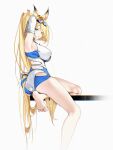 1girl absurdres animal_ears arm_up armpits barefoot blonde_hair blue_eyes blue_one-piece_swimsuit blush breasts commentary foot_out_of_frame goggles goggles_on_head hair_over_one_eye highres horse_ears horse_girl horse_tail large_breasts long_hair looking_at_viewer lq9140 official_alternate_costume one-piece_swimsuit open_mouth ponytail sigrid_de_l'azur sigrid_de_l'azur_(majestic_wavechaser) simple_background sitting soles solo swim_goggles swimsuit tail toes untranslatable_commentary white_background white_one-piece_swimsuit zenless_zone_zero 