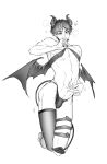  1boy 5454_pnl absurdres akaashi_keiji biting biting_own_finger blush bulge commentary_request demon_boy demon_horns demon_tail demon_wings fishnet_thighhighs fishnets full_body greyscale haikyuu!! heart highres horns korean_commentary looking_at_viewer male_focus monochrome short_hair simple_background single_fishnet_legwear solo tail thighhighs thong white_background wings 