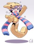  1girl :3 :d animal_hat blue_scarf boots bubble commentary_request double-parted_bangs elbow_gloves fangs full_body gloves hair_between_eyes hat looking_at_viewer open_mouth original outstretched_arm pink_scarf purple_eyes purple_hair scarf short_hair smile solo striped_clothes striped_scarf teeth thick_eyebrows thigh_boots toromi_(toromix2) upper_teeth_only yellow_boots yellow_gloves yellow_hat 