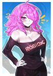  1girl ahoge bare_shoulders black_choker black_pants black_shirt blue_background border breasts caseyrl1 choker cleavage collarbone colored_skin commentary copyright_logo copyright_name cosplay cowboy_shot gradient_background guest_(roblox) guest_(roblox)_(cosplay) hair_over_one_eye hands_on_own_hips heart highres large_breasts logo long_hair loose_clothes loose_shirt messy_hair notice_lines off-shoulder_shirt off_shoulder original pants pink_hair pink_lips polka_dot polka_dot_background roblox shirt sidelocks smile solo white_border white_skin zoom_layer 