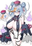  1girl absurdres astral_party bare_shoulders blue_hair blue_pupils braid braided_hair_rings breast_curtains breasts commentary detached_sleeves double_bun expressionless fire fish_skeleton_hair_ornament haiqing_(astral_party) hair_between_eyes hair_bun hair_ornament hair_rings hat highres jiangshi_costume long_hair looking_at_viewer ofuda ofuda_on_head pelvic_curtain purple_eyes purple_fire qingdai_guanmao simple_background sleeves_past_fingers sleeves_past_wrists tomaotocat untranslatable_commentary white_background 