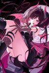  1girl absurdres arm_strap azki_(hololive) azki_(little_devil)_(hololive) belt black_belt black_boots black_dress black_gloves black_hair black_horns black_shorts black_tail black_tiara boots breasts colored_inner_hair commentary demon_girl demon_horns demon_tail demon_wings dress elbow_gloves fishnet_socks fishnets gloves gradient_hair gradient_tail heterochromia highres hololive horns kio_is_here kneehighs long_hair medium_breasts mole mole_under_eye multicolored_hair official_alternate_costume official_alternate_hairstyle open_mouth pink_eyes pink_horns pink_tail pink_wings purple_eyes shirt shorts sleeveless sleeveless_shirt socks solo streaked_hair tail thigh_strap tiara twintails untranslatable_commentary very_long_hair virtual_youtuber white_hair white_shirt wings 