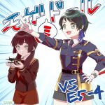  2girls aircraft airplane black_hair black_skirt blue_hairband blue_jacket blue_necktie brown_sailor_collar brown_serafuku brown_shirt brown_shorts commentary_request cosplay costume_switch cowboy_shot detached_collar emphasis_lines floatplane fuki_(fuki2nd) gloves green_eyes hairband jacket kantai_collection long_hair long_sleeves military_uniform mogador_(kancolle) mogador_(kancolle)_(cosplay) mogador_kai_(kancolle) mogador_kai_(kancolle)_(cosplay) mogami_(kancolle) mogami_(kancolle)_(cosplay) mogami_kai_ni_(kancolle) mogami_kai_ni_(kancolle)_(cosplay) multiple_girls name_connection neckerchief necktie orange_neckerchief pointing sailor_collar sailor_shirt school_uniform seaplane second-party_source serafuku shirt shorts skirt translated white_gloves 