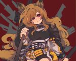  1girl animal_ears arknights black_shirt blush breasts buckle ceobe_(arknights) commentary dog_ears dog_girl dog_tail dual_wielding eee028 halberd highres holding holding_polearm holding_weapon infection_monitor_(arknights) large_breasts long_hair looking_at_viewer multiple_weapons polearm red_background red_eyes shirt smile snap-fit_buckle solo tail too_many_weapons weapon 