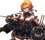  1girl black_headband black_sailor_collar blue_eyes braid breasts brown_hair chou-10cm-hou-chan chou-10cm-hou-chan_(teruzuki's) clothes_writing corset cowboy_shot grey_eyes hachimaki hair_flaps hair_ornament hairband headband highres kantai_collection long_hair looking_at_viewer neckerchief orange_neckerchief propeller_hair_ornament sailor_collar school_uniform simple_background skirt smile sunday_aki teruzuki_(kancolle) twin_braids white_background yellow_neckerchief 